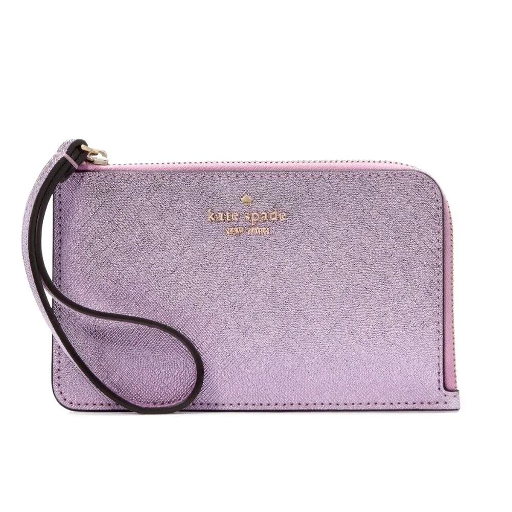 New Kate Spade Lucy Metallic Leather Small L-zip Wristlet Quartz Pink